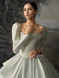 Satin Long Sleeve Button White Wedding Dress