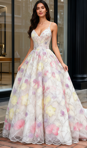 Spaghetti Straps Flower Beading Colorful A Line Prom Dress