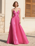 Pleats Fuchsia Satin Spaghetti Straps A Line Prom Dress