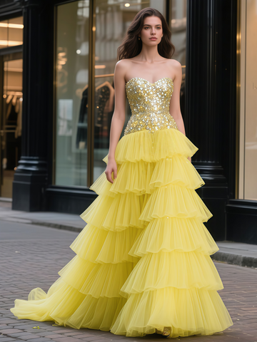 Sequin A Line Layers Yellow Tulle Prom Dress