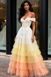 Ombre Off The Shoulder Ruched Layers A Line Prom Dress