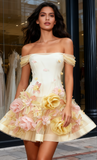 Off The Shoulder Feather Flower Yellow Homecoming Dress