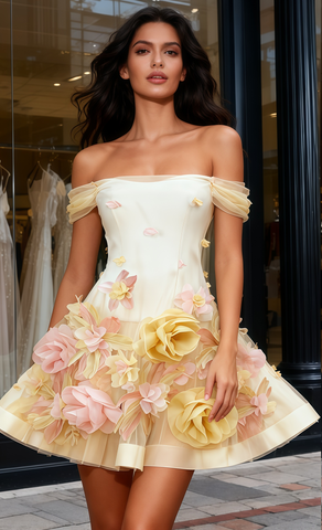 Off The Shoulder Feather Flower Yellow Homecoming Dress