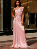 One Shoulder Sheath Column Pink Chiffon Prom Dress