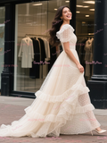 Polka Dot A Line Short Sleeves Ruffles Puffy Wedding Dress