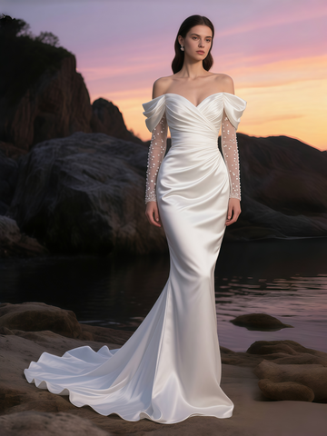 Satin One Shoulder Wedding Dress With Pockets
