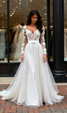 V Neck Belt Tulle Appliques Long Sleeve A Line Wedding Dress