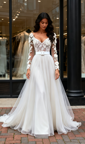 V Neck Belt Tulle Appliques Long Sleeve A Line Wedding Dress