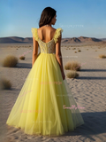 Yellow Puffy Sleeves A Line Backless Beading Prom Dress