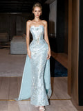 Sheath Column Print Blue Detachable Train Prom Dress