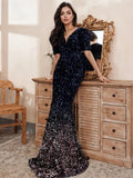 V Neck Navy Sequin Short Sleeve Trumpet Mermaid Prom Dress