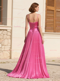 Pleats Fuchsia Satin Spaghetti Straps A Line Prom Dress