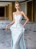 Sheath Column Print Blue Detachable Train Prom Dress