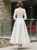 Square Satin A Line Tea Length Long Sleeves Wedding Dress