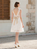 V Neck Knee Length Belt Lace Wedding Dres