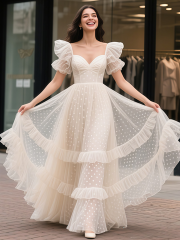 Polka Dot A Line Short Sleeves Ruffles Puffy Wedding Dress
