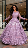 Long Sleeve Scoop A Line Flower Tulle Purple Prom Dress