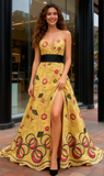 Sweetheart Embroidery A Line Yellow Prom Dress With Slit