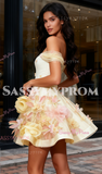 Off The Shoulder Feather Flower Yellow Homecoming Dress