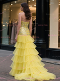 Sequin A Line Layers Yellow Tulle Prom Dress