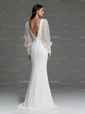V Neck Button Chiffon Mermaid Long Sleeve Wedding Dress