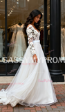 V Neck Belt Tulle Appliques Long Sleeve A Line Wedding Dress