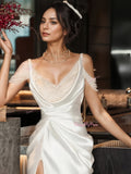 Cold Sleeves A Line Satin Beading Wedding Dress With Slit