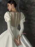 Satin Long Sleeve Button White Wedding Dress