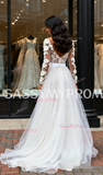 V Neck Belt Tulle Appliques Long Sleeve A Line Wedding Dress