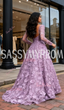 Long Sleeve Scoop A Line Flower Tulle Purple Prom Dress