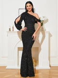 Asymmetrical Sleeves Sequins Black Mermaid Prom Dress