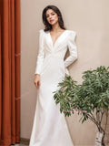 Trumpet Mermaid Satin Long Sleeves Button Wedding Dress