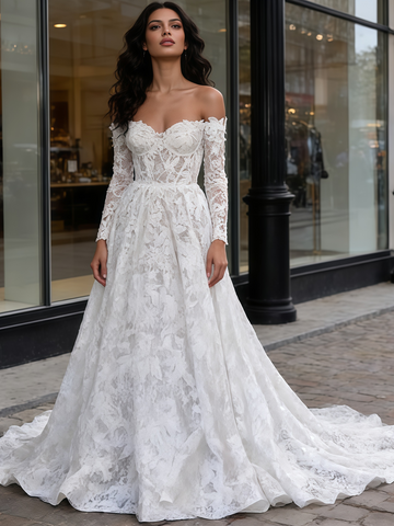 Long Sleeve A Line Lace Off The Shoulder Wedding Dress