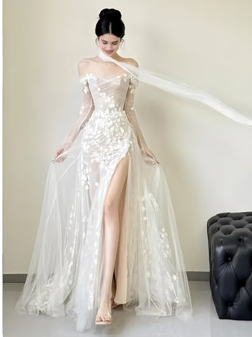 A Line Lace Off The Shoulder Wedding Dress With Slit