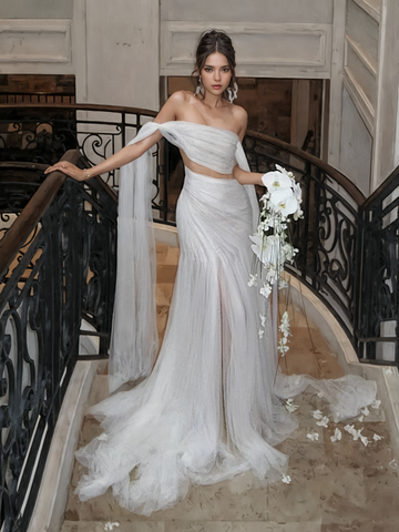 Tulle Trumpet Mermaid Off The Shoulder Wedding Dress With Slit