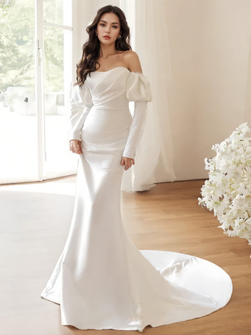 Satin Ruched Long Sleeve Strapless Trumpet Mermaid Wedding Dress