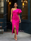 Fuchsia Satin Detachable Sleeve One Shoulder Prom Dress With Slit