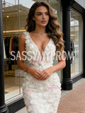 White Flower Trumpet Mermaid V Neck Prom Dress