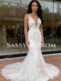 Trumpet Mermaid Appliques V Neck Wedding Dress