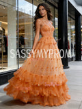 One Shoulder Ruffles Orange Tulle Sparkle Prom Dress