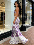 Two Piece Sequin Purple High Neck Floral Prom Dress