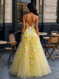 Appliques Backless Yellow Tulle Spaghetti Straps Prom Dress