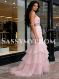 Sweetheart Trumpet Mermaid Tulle Ruffles Pink Beading Prom Dress