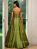 Sweetheart Beading Olive Green Satin Prom Dress With Slit