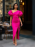 Fuchsia Satin Detachable Sleeve One Shoulder Prom Dress With Slit