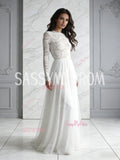Long Sleeve A Line Tulle Scoop Lace Wedding Dress