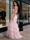 Sweetheart Trumpet Mermaid Tulle Ruffles Pink Beading Prom Dress