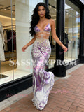 Two Piece Sequin Purple High Neck Floral Prom Dress