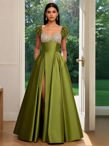 Sweetheart Beading Olive Green Satin Prom Dress With Slit