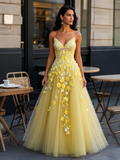 Appliques Backless Yellow Tulle Spaghetti Straps Prom Dress